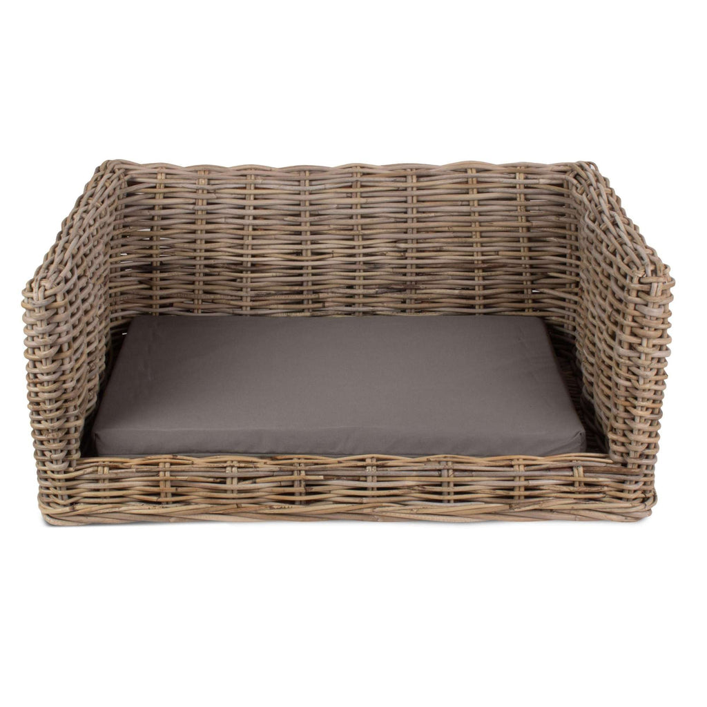 Grey Kubu rattan dog sofa bed with cushion, front view