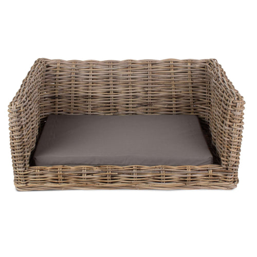 Grey Kubu rattan dog sofa bed with cushion, front view